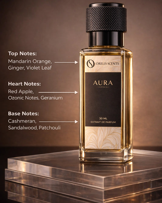 AURA perfume bottle mandarin red apple sandalwood notes Orelis Scents