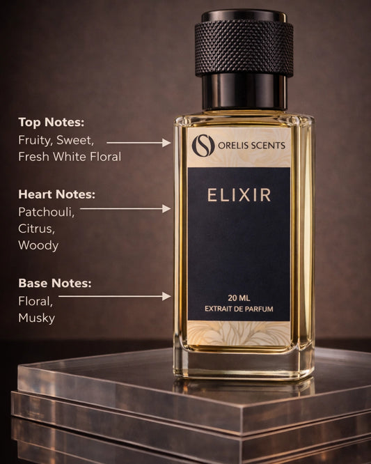 Elixir perfume bottle citrus white floral patchouli notes Orelis Scents