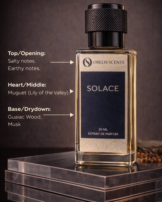 Solace perfume bottle muguet guaiac wood musk notes Orelis Scents