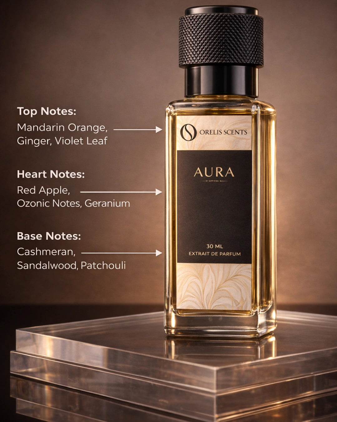 AURA perfume bottle mandarin red apple sandalwood notes Orelis Scents