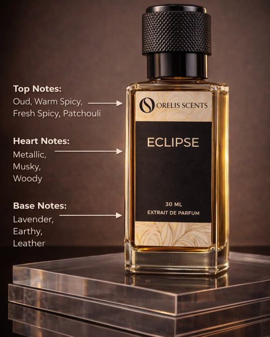 Eclipse perfume bottle bergamot oud tonka bean notes Orelis Scents