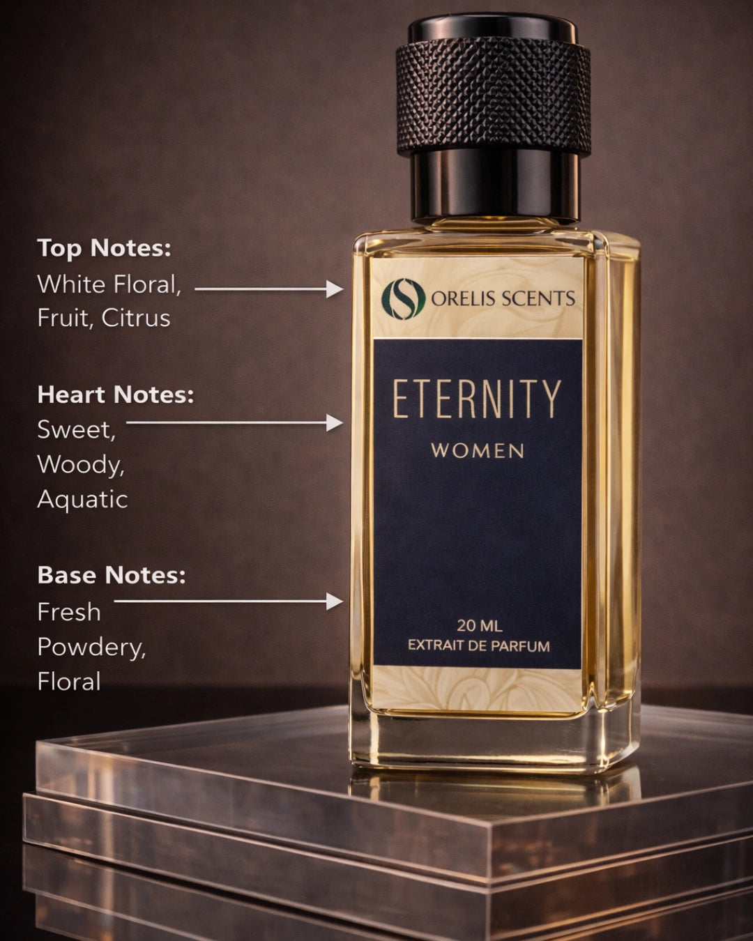 Eternity Women perfume bottle mandarin violet sandalwood notes Orelis Scents