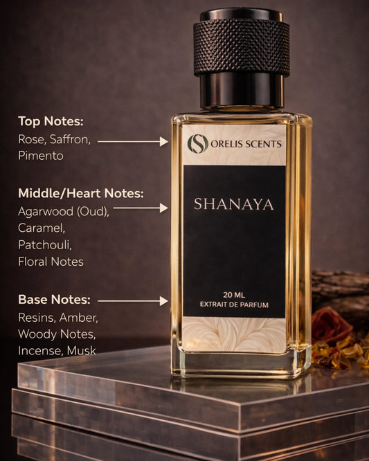 Shanaya perfume bottle rose saffron oud fragrance notes Orelis Scents