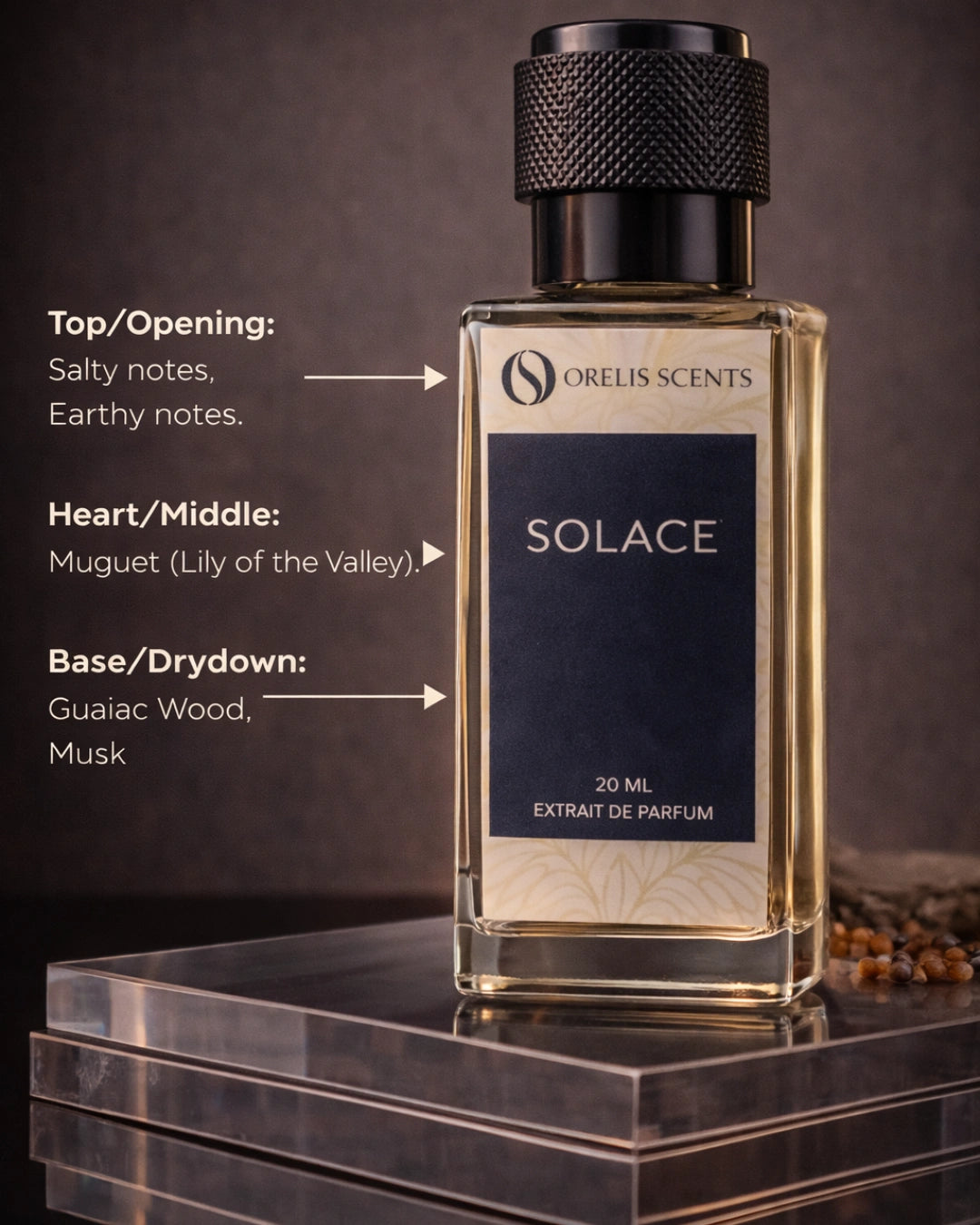Solace perfume bottle muguet guaiac wood musk notes Orelis Scents