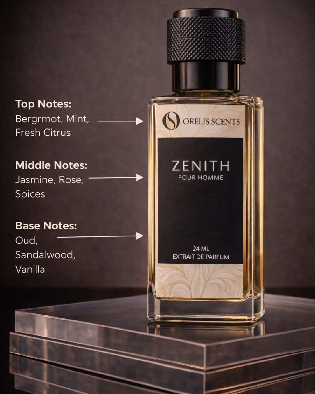 Zenith perfume bottle bergamot oud vanilla notes Orelis Scents