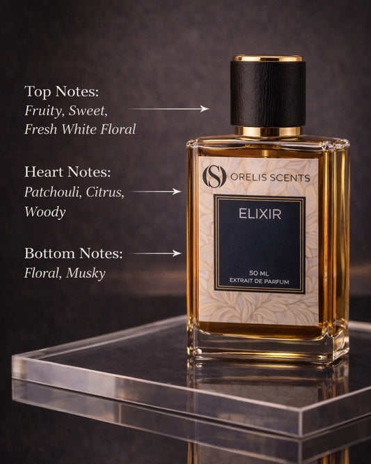 Elixir Extrait de Parfum – floral fruity woody musk perfume by Orelis Scents India