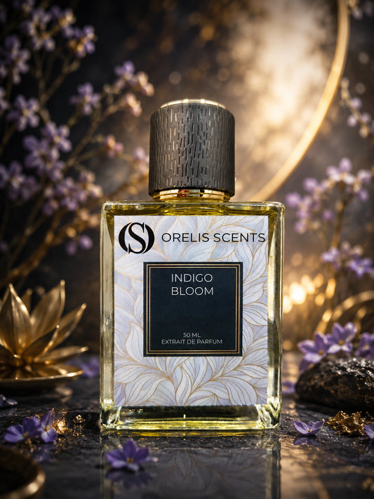 Indigo Bloom perfume bottle blackberry blackcurrant blueberry notes Orelis Scents